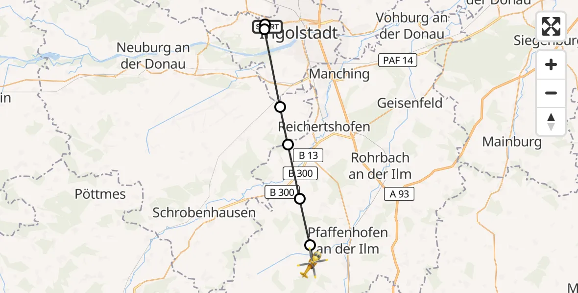 Flugroute Rettungshubschrauber Ingolstadt Hospital - Scheyern, 11 August 2026, 07:07