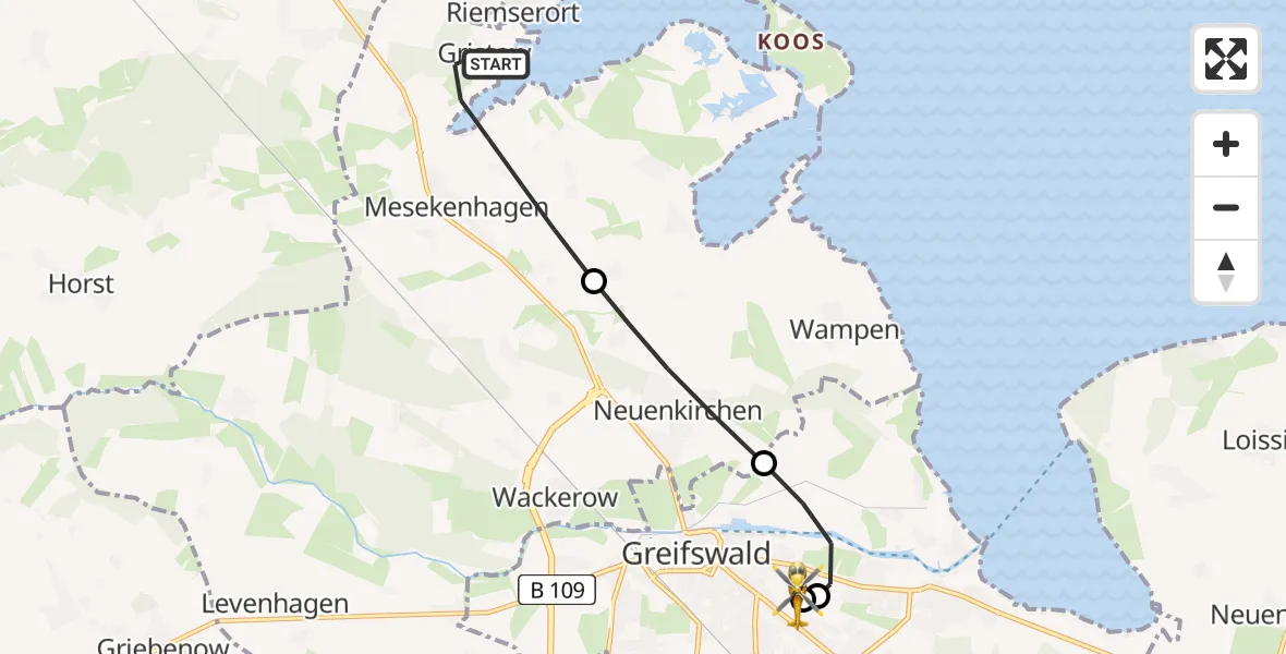 Flugroute Rettungshubschrauber Mesekenhagen - Greifswald Hospital, 11 August 2026, 07:16