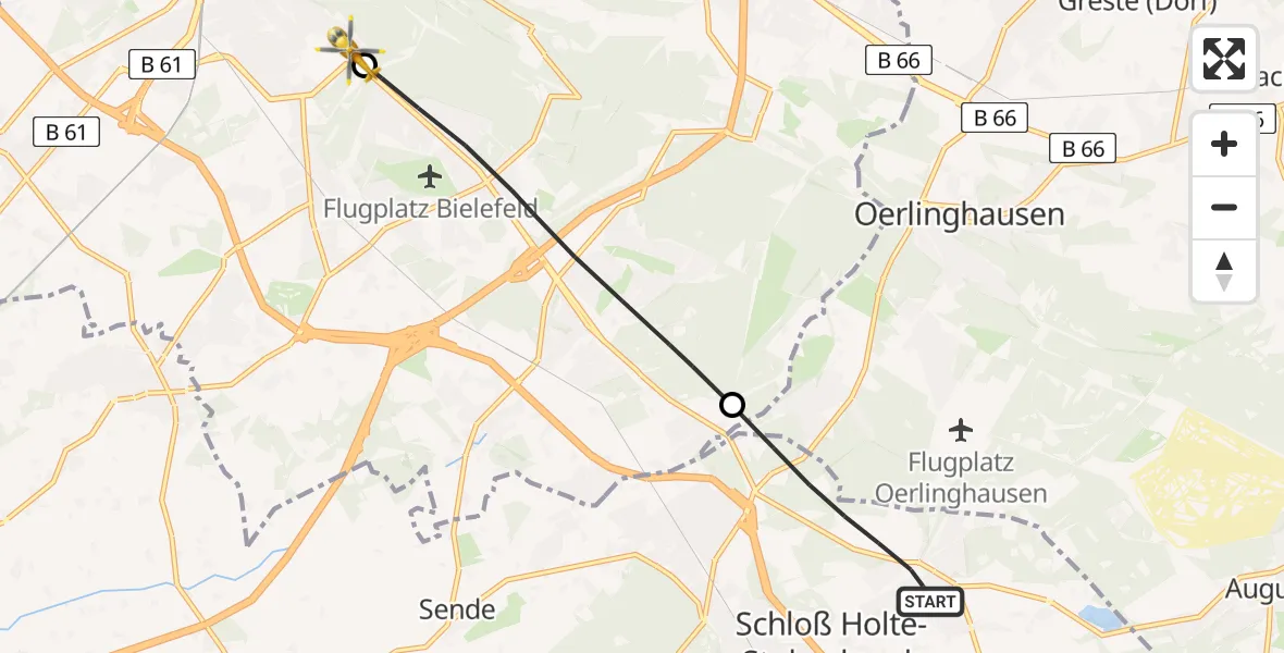 Flugroute Rettungshubschrauber Schloß Holte-Stukenbrock - Luftrettungszentrum Bielefeld, 11 August 2026, 07:17