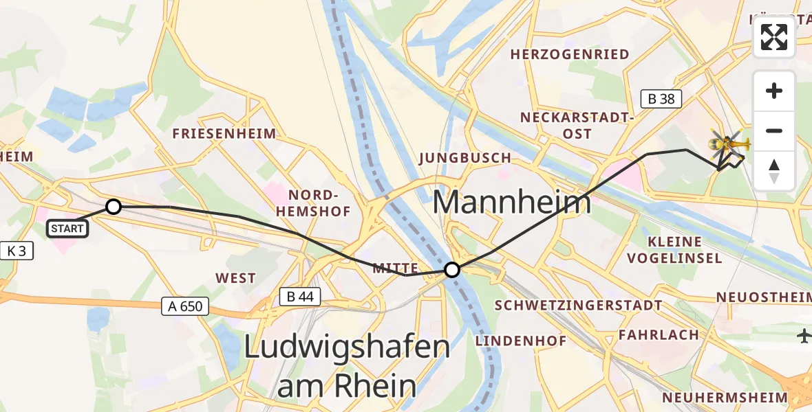 Flugroute Rettungshubschrauber Ludwigshafen Accident Hospital - Mannheim, 11 August 2026, 07:24