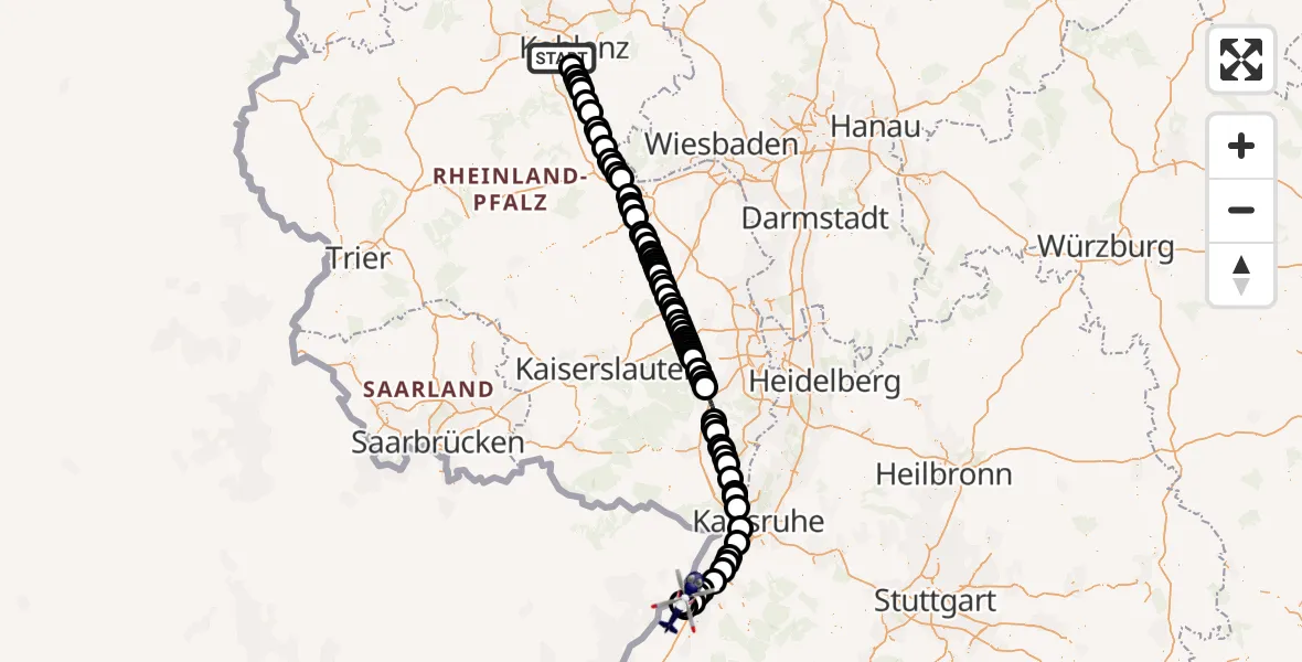 Flugroute Polizeihubschrauber Koblenz - Karlsruhe Baden-Baden Flughafen, 11 August 2026, 07:28