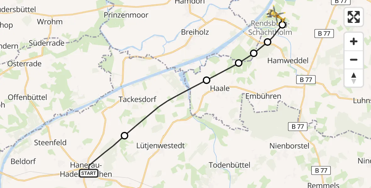 Flugroute Ambulanzhubschrauber Hanerau-Hademarschen - Hörsten, 11 August 2026, 07:33