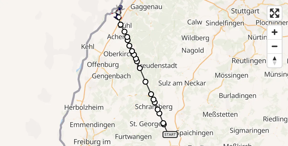 Flugroute Polizeihubschrauber Villingen-Schwenningen - Karlsruhe Baden-Baden Flughafen, 11 August 2026, 07:34