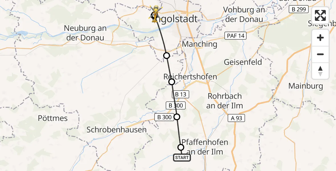 Flugroute Rettungshubschrauber Scheyern - Ingolstadt Hospital, 11 August 2026, 07:40