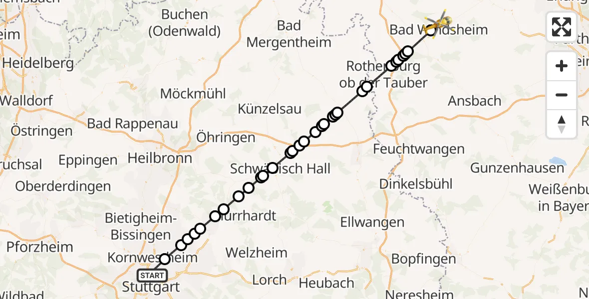 Flugroute Rettungshubschrauber Stuttgart - Bad Windsheim, 11 August 2026, 07:40
