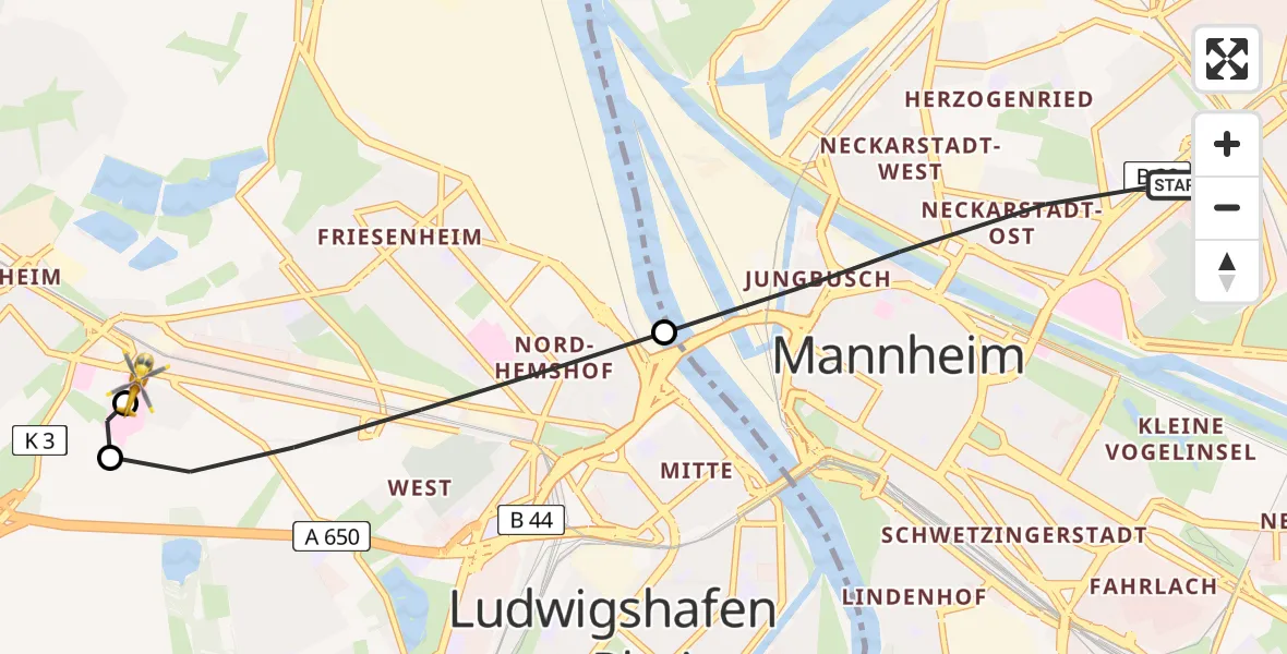 Flugroute Rettungshubschrauber Mannheim - Ludwigshafen Accident Hospital, 11 August 2026, 07:42