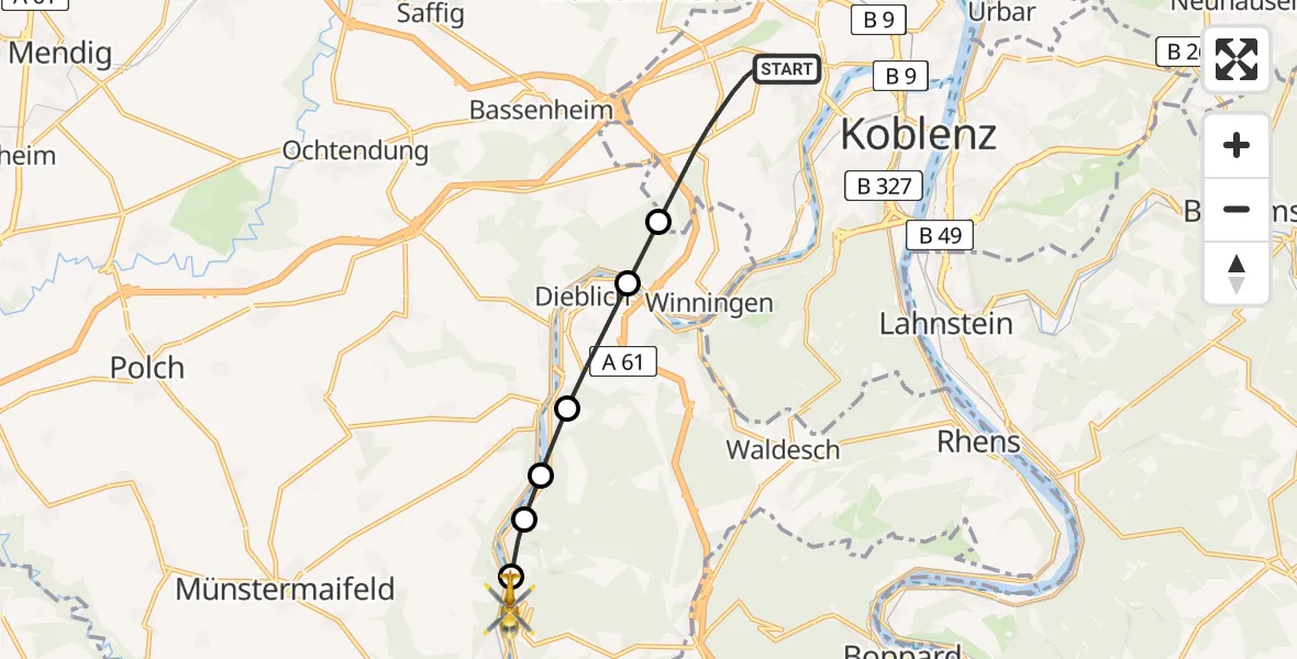 Flugroute Rettungshubschrauber Koblenz - Alken, 11 August 2026, 07:44