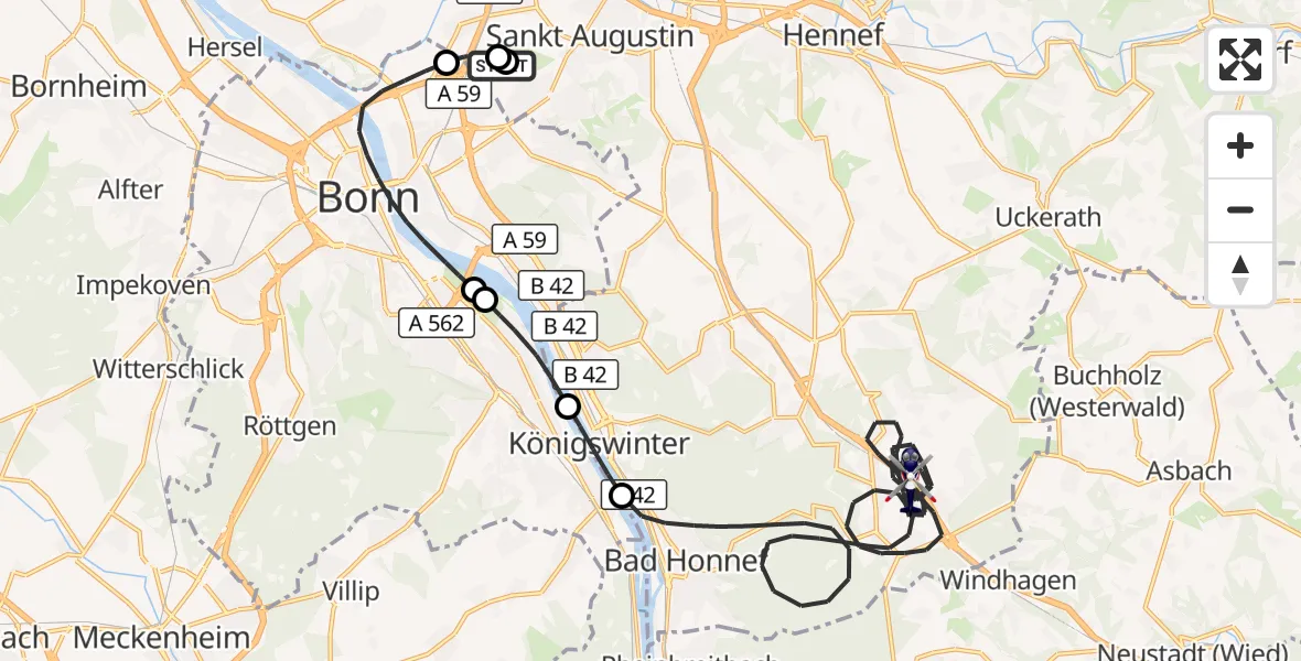 Flugroute Polizeihubschrauber Sankt Augustin - Bad Honnef, 11 August 2026, 07:45
