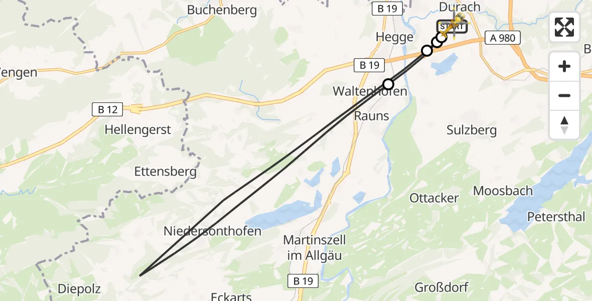Flugroute Rettungshubschrauber Kempten-Durach Flugplatz - Kempten-Durach Flugplatz, 11 August 2026, 07:48