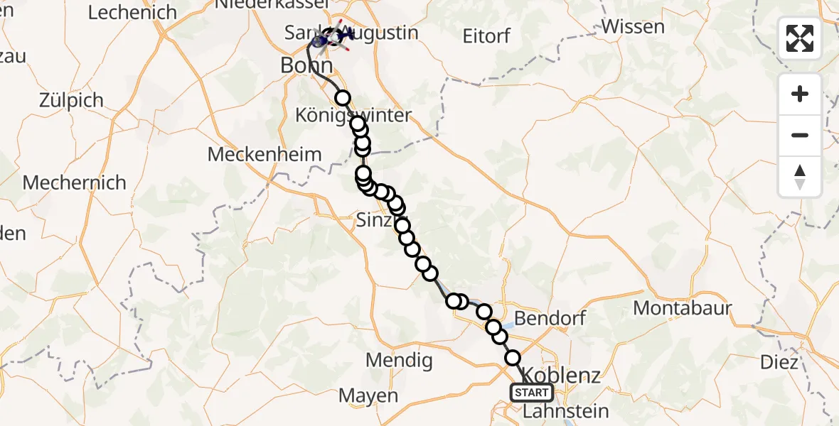 Flugroute Polizeihubschrauber Koblenz - Sankt Augustin, 11 August 2026, 07:50