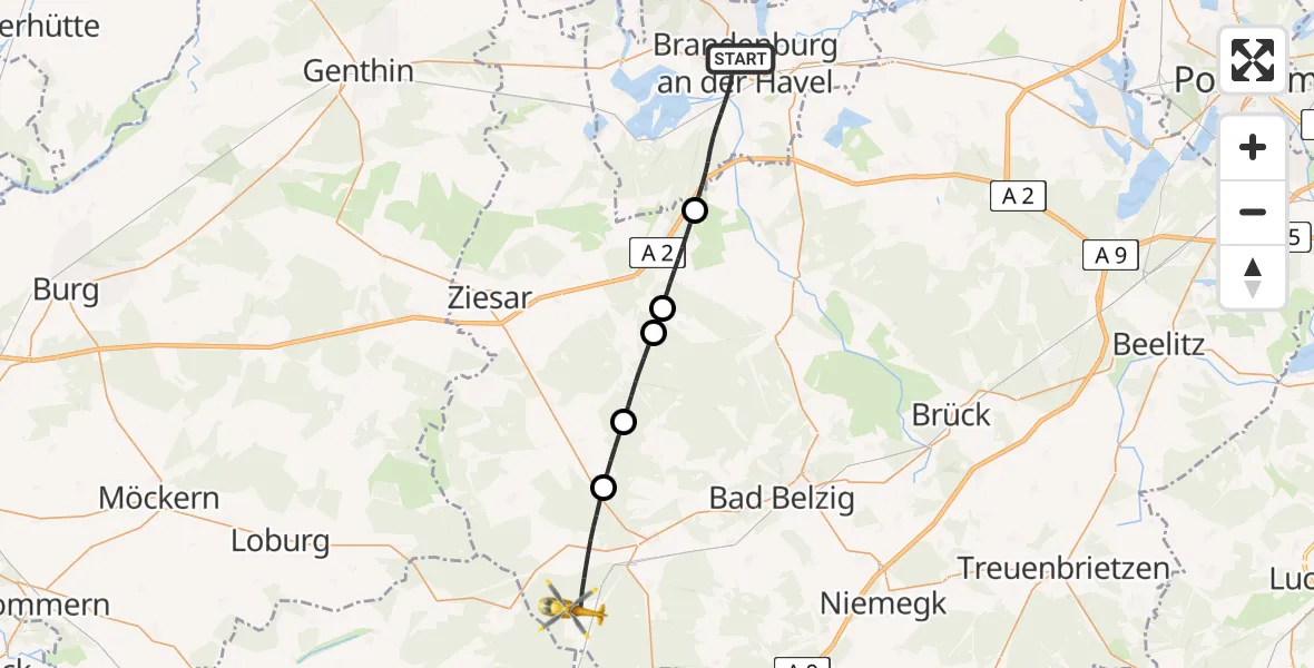 Flugroute Rettungshubschrauber Brandenburg an der Havel - Wiesenburg/Mark, 11 August 2026, 07:51