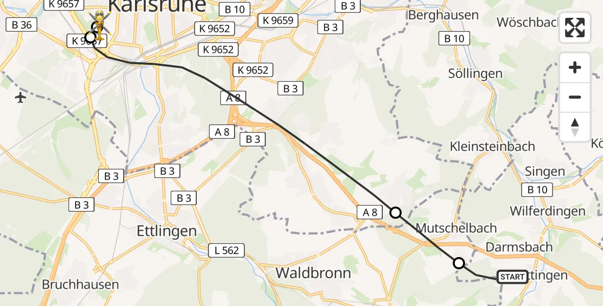 Flugroute Ambulanzhubschrauber Remchingen - Sankt Vincentius Hospital, 11 August 2026, 07:59