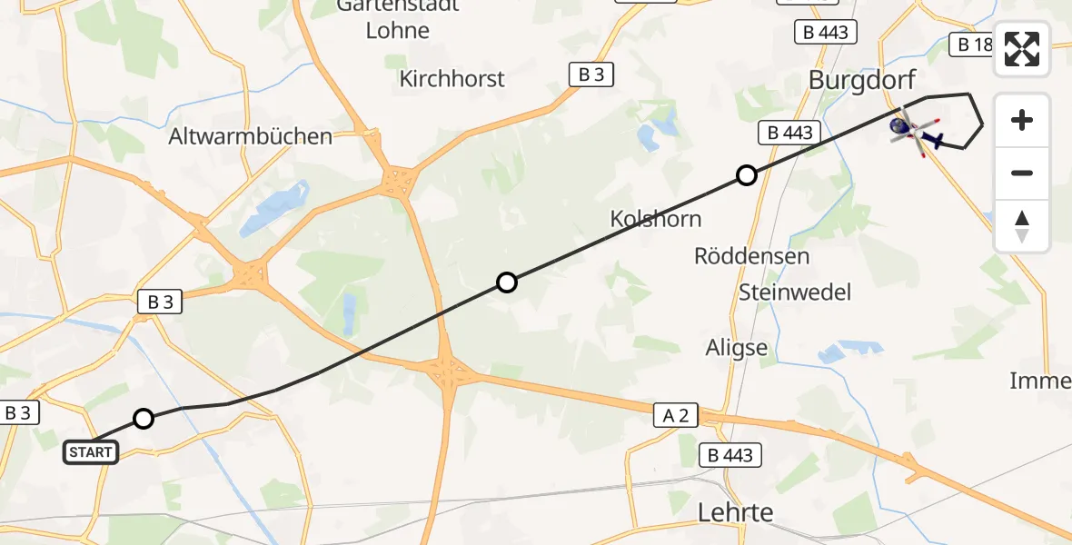 Flugroute Polizeihubschrauber Hannover Luftrettung Hubschrauberlandeplatz (Christoph 4) - Burgdorf, 11 August 2026, 08:00