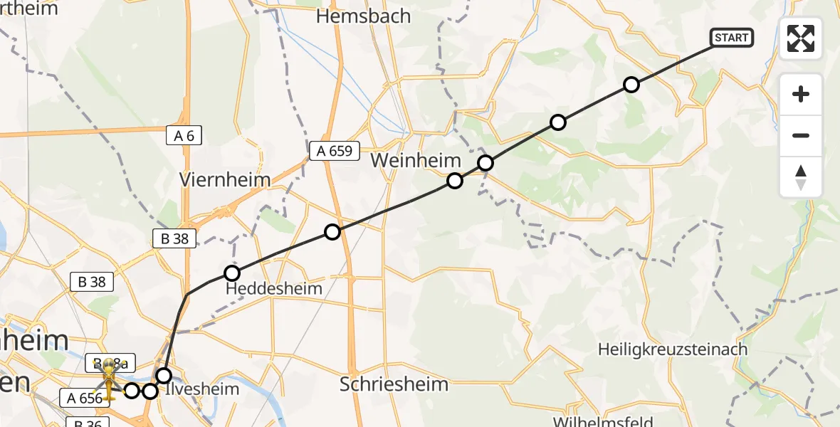 Flugroute Rettungshubschrauber Wald-Michelbach - Mannheim-City Flughafen, 11 August 2026, 08:02
