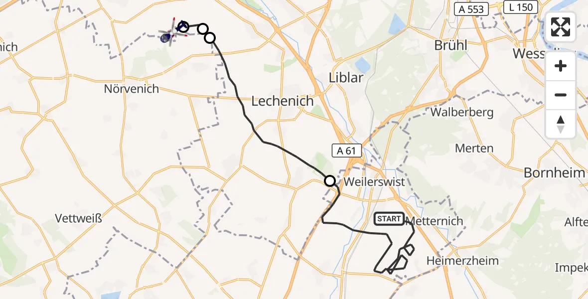 Flugroute Polizeihubschrauber Weilerswist - Militärflugplatz Nörvenich, 11 August 2026, 08:05