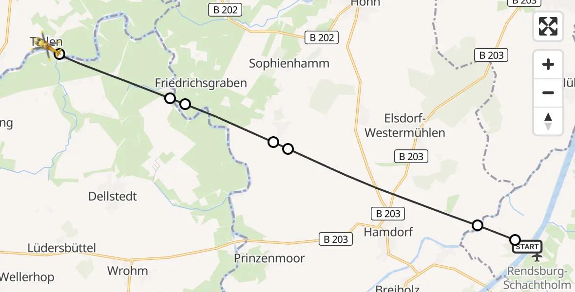Flugroute Ambulanzhubschrauber Rendsburg-Schachtholm Flugplatz - Tielen, 11 August 2026, 08:09