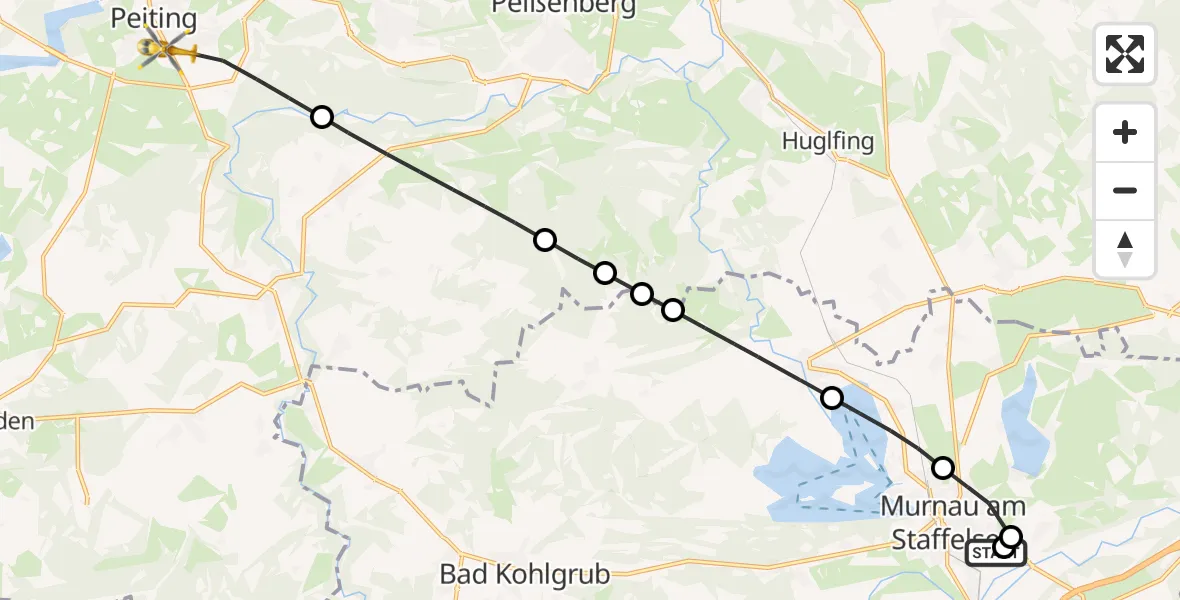 Flugroute Rettungshubschrauber Murnau Accident Hospital - Peiting, 11 August 2026, 08:12
