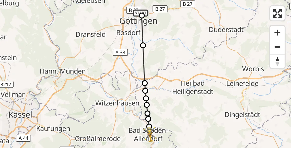 Flugroute Rettungshubschrauber Göttingen University Clinic Hubschrauberlandeplatz - Bad Sooden-Allendorf, 11 August 2026, 08:12