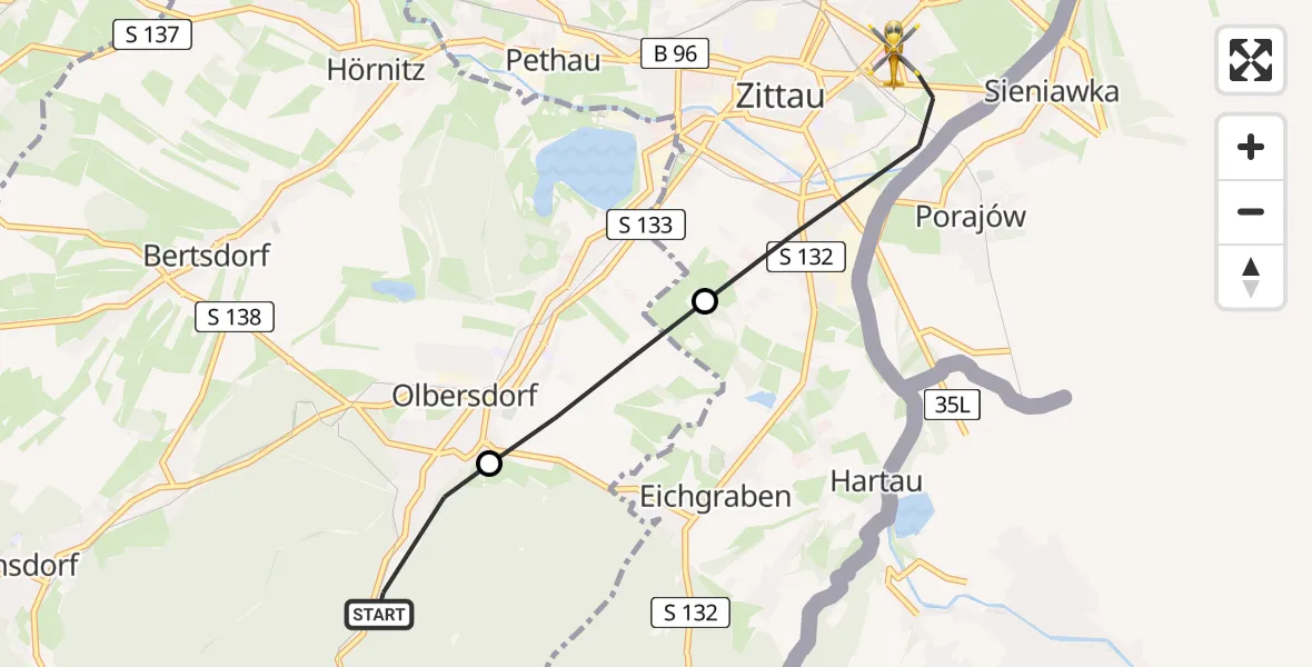 Flugroute Rettungshubschrauber Oybin - Zittau, 11 August 2026, 08:13
