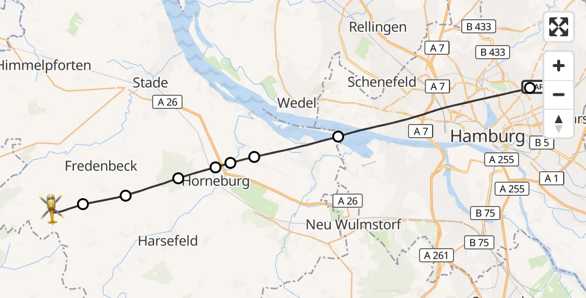 Flugroute Rettungshubschrauber Hamburg Military Hospital - Kutenholz, 11 August 2026, 08:14