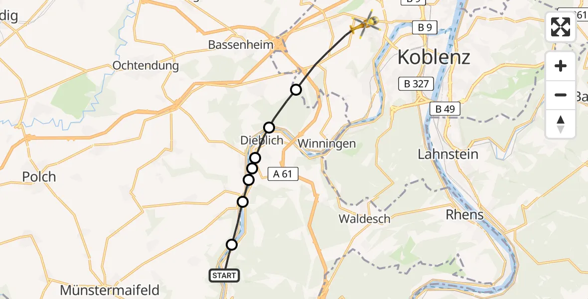 Flugroute Rettungshubschrauber Oberfell - Koblenz, 11 August 2026, 08:15