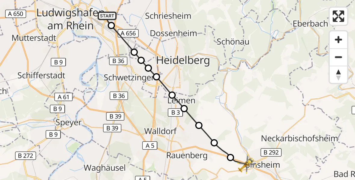 Flugroute Rettungshubschrauber Mannheim-City Flughafen - Sinsheim, 11 August 2026, 08:17