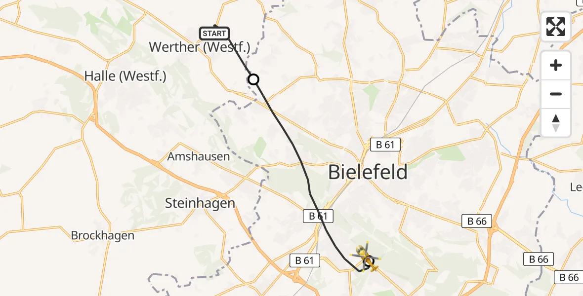 Flugroute Rettungshubschrauber Werther (Westf.) - Luftrettungszentrum Bielefeld, 11 August 2026, 08:18