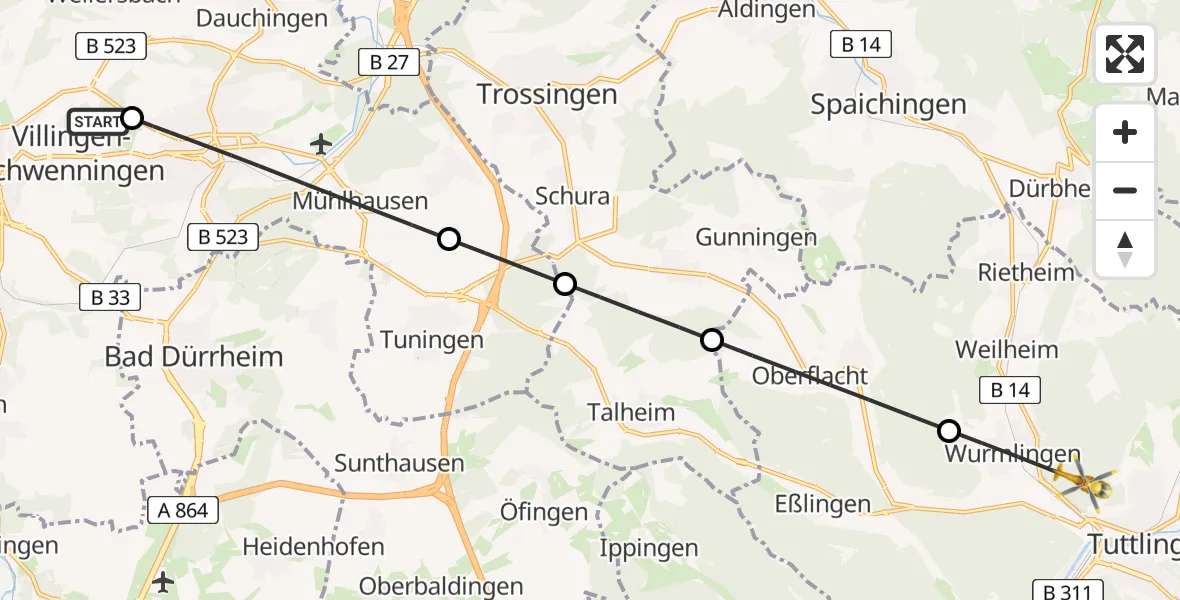 Flugroute Ambulanzhubschrauber DRF Air Rescue Station Villingen-Schwenningen Hubschrauberlandeplatz (Christoph 11) - Tuttlingen, 11 August 2026, 08:21