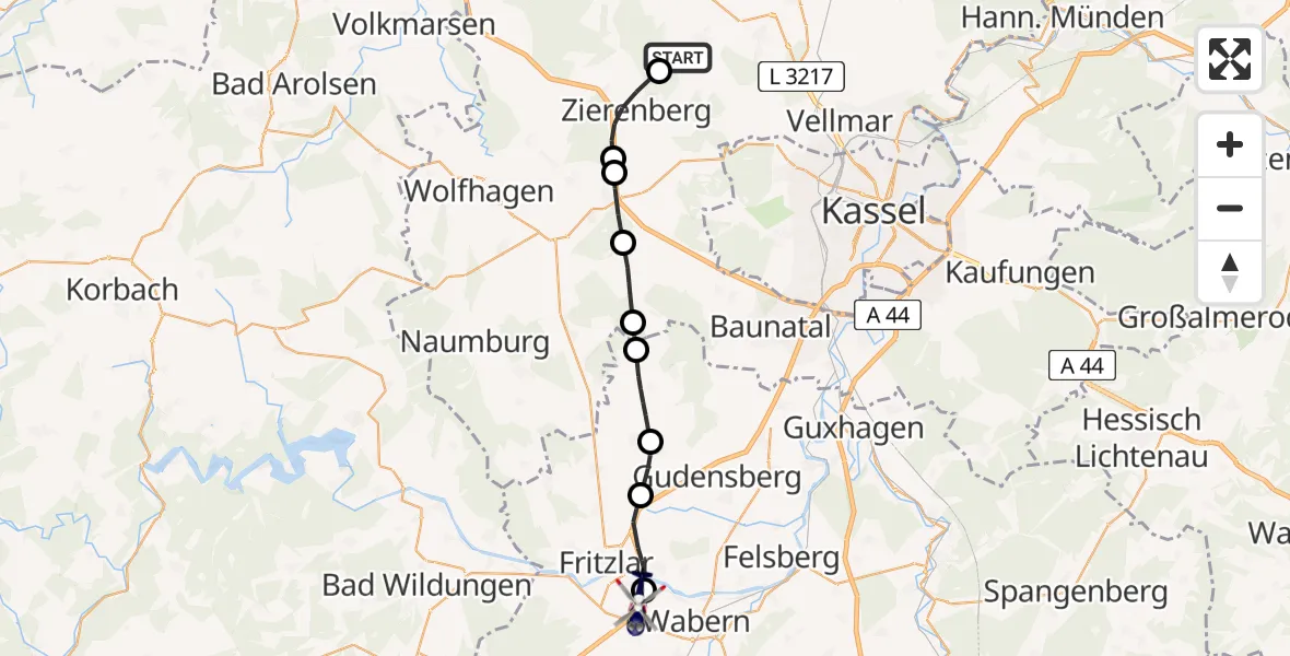 Flugroute Polizeihubschrauber Calden - Fritzlar Army Flugplatz, 11 August 2026, 08:21