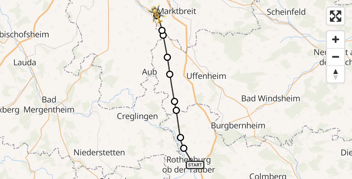 Flugroute Rettungshubschrauber Rothenburg ob der Tauber - Ochsenfurt Hospital, 11 August 2026, 08:26
