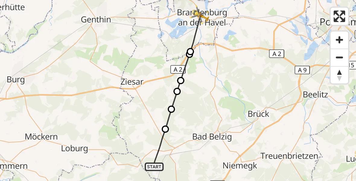 Flugroute Rettungshubschrauber Wiesenburg/Mark - Brandenburg an der Havel, 11 August 2026, 08:27