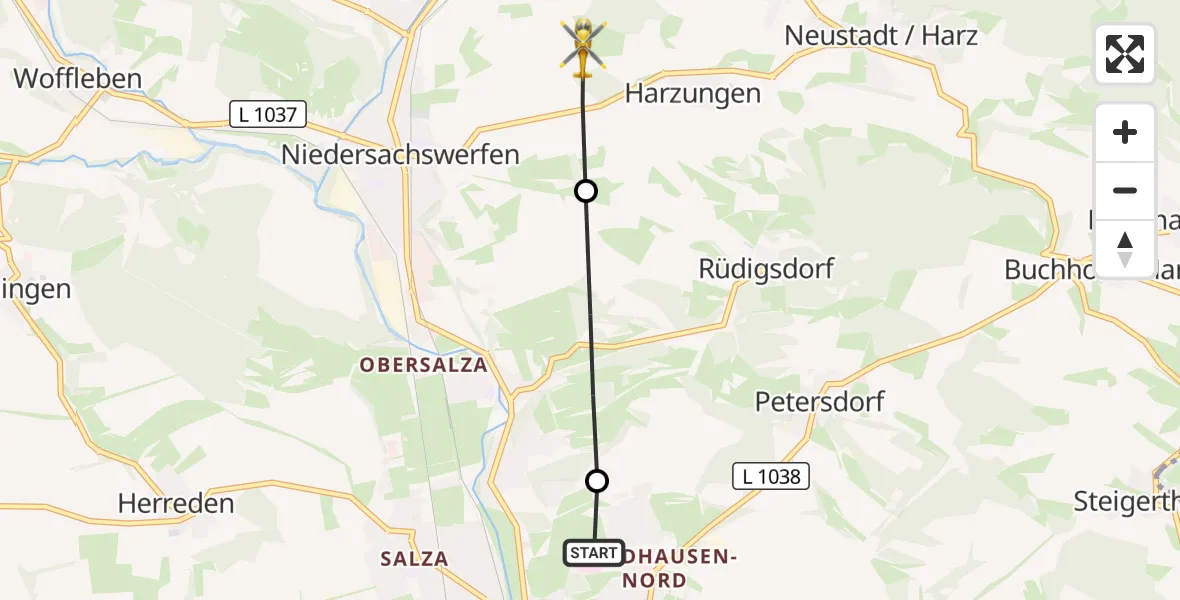Flugroute Rettungshubschrauber Südharz Hospital Nordhausen - Harztor, 11 August 2026, 08:31