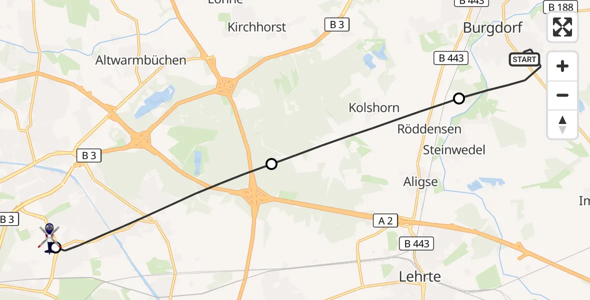Flugroute Polizeihubschrauber Burgdorf - Hannover Luftrettung Hubschrauberlandeplatz (Christoph 4), 11 August 2026, 08:37