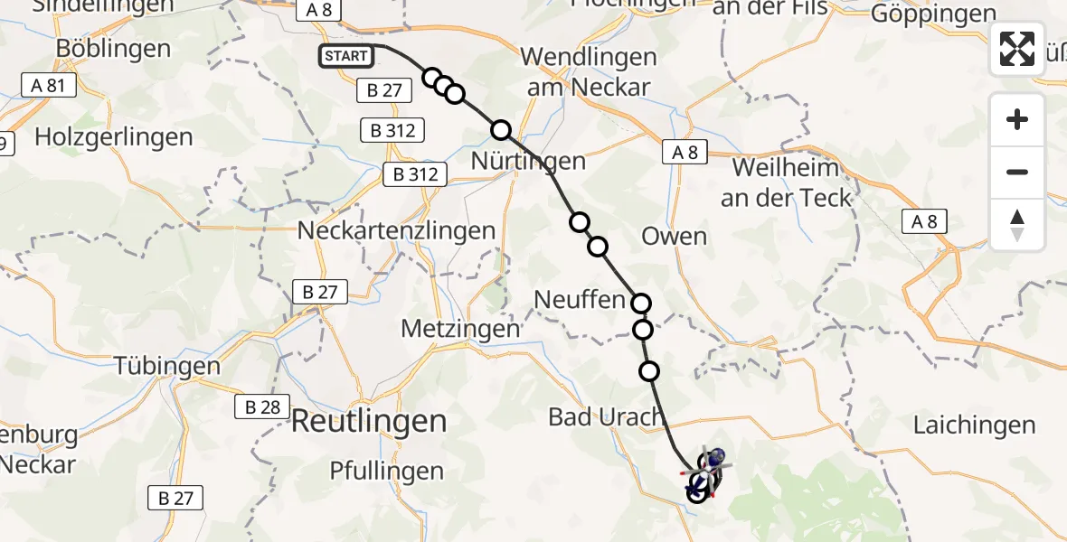 Flugroute Polizeihubschrauber Flughafen Stuttgart - Gutsbezirk Münsingen, 11 August 2026, 08:41