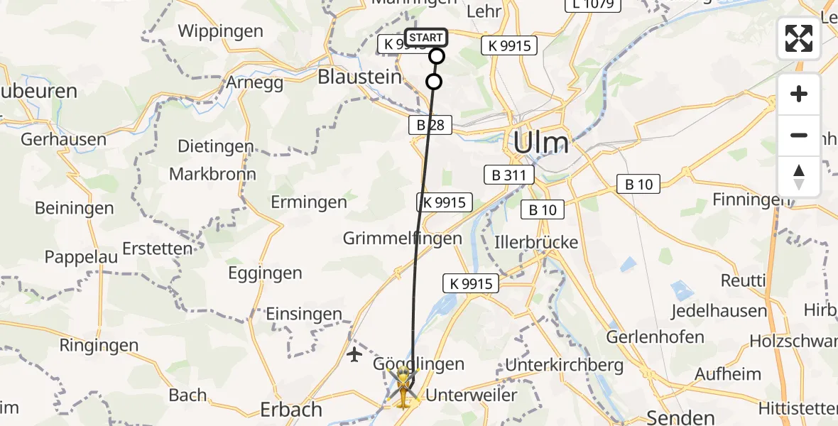 Flugroute Rettungshubschrauber Ulm Military Hospital Emergency - Ulm, 11 August 2026, 08:49