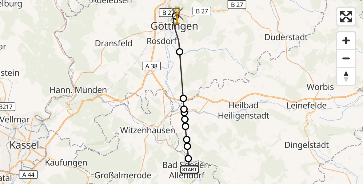 Flugroute Rettungshubschrauber Bad Sooden-Allendorf - Göttingen University Clinic Hubschrauberlandeplatz, 11 August 2026, 08:54