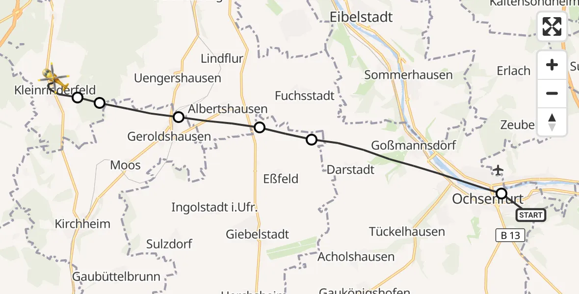 Flugroute Rettungshubschrauber Ochsenfurt Hospital - Kleinrinderfeld, 11 August 2026, 08:54