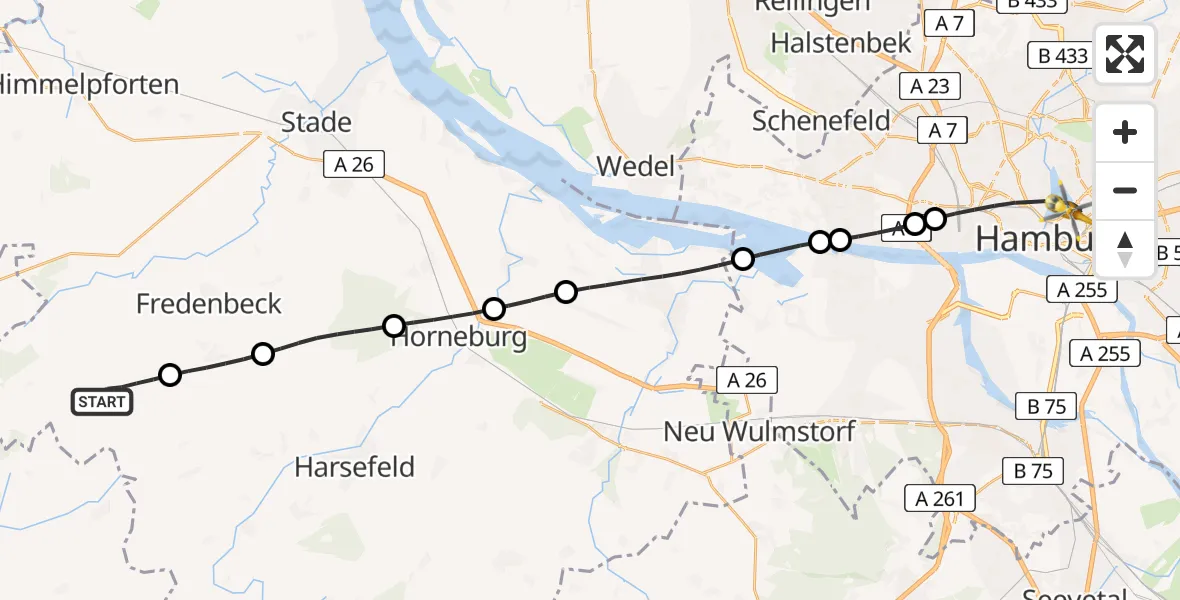 Flugroute Rettungshubschrauber Kutenholz - Hamburg, 11 August 2026, 09:03