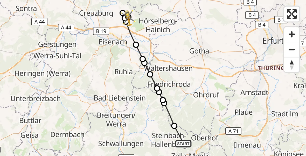 Flugroute Rettungshubschrauber Steinbach-Hallenberg - Berka v.d.Hainich, 11 August 2026, 09:03