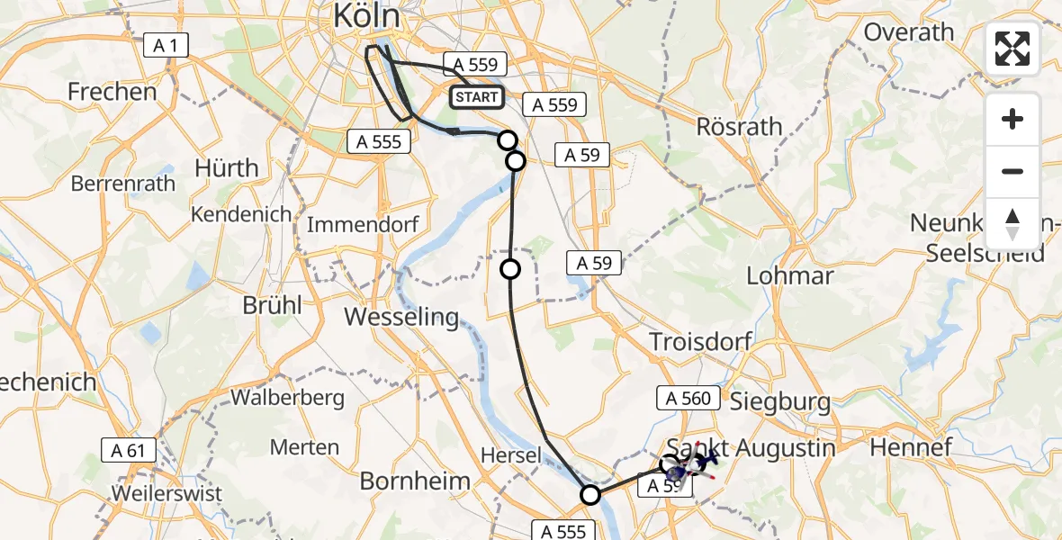 Flugroute Polizeihubschrauber Köln - Sankt Augustin, 11 August 2026, 09:04