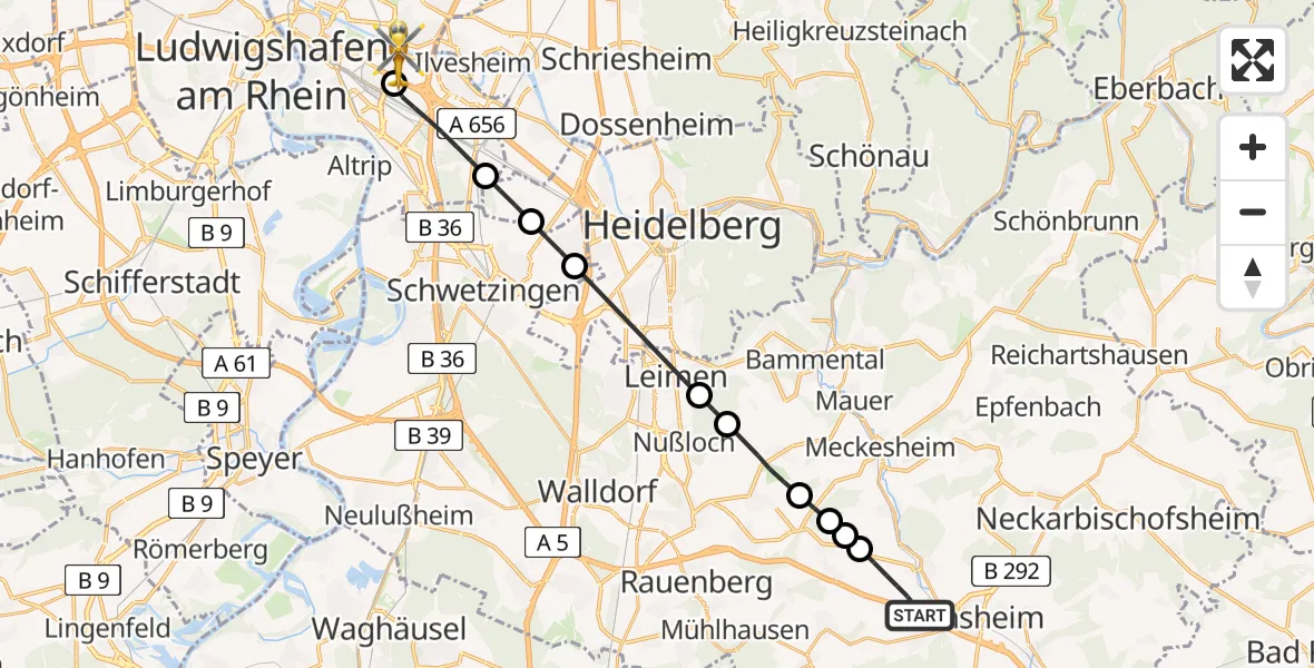 Flugroute Rettungshubschrauber Sinsheim - Mannheim-City Flughafen, 11 August 2026, 09:12