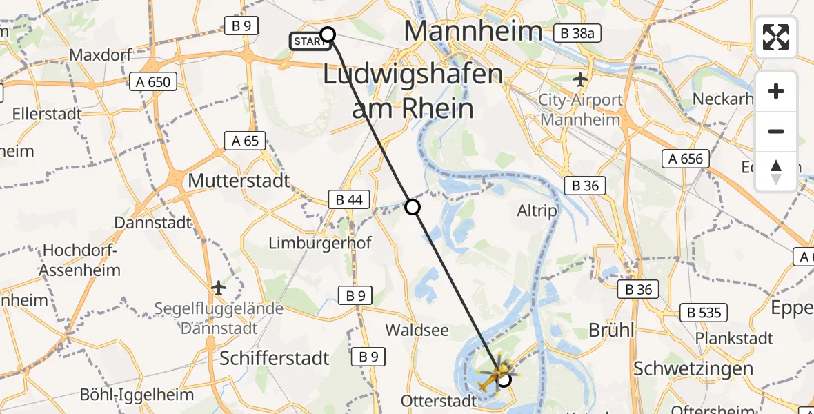 Flugroute Rettungshubschrauber Ludwigshafen Accident Hospital - Brühl, 11 August 2026, 09:14