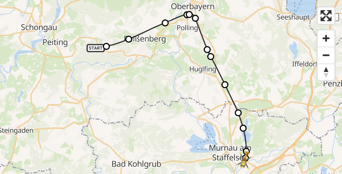 Flugroute Rettungshubschrauber Peiting - Murnau a.Staffelsee, 11 August 2026, 09:18