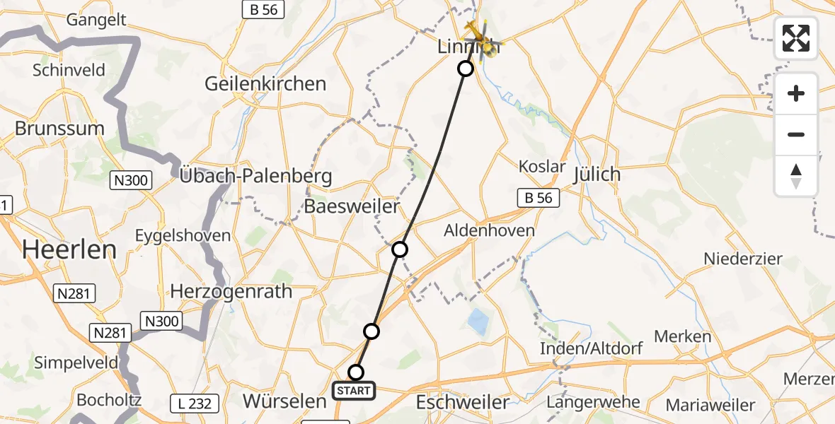 Flugroute Rettungshubschrauber Aachen-Merzbrück Flughafen - Linnich, 11 August 2026, 09:20