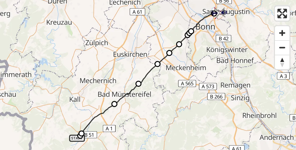 Flugroute Polizeihubschrauber Dahlem - Bonn-Hangelar Flugplatz, 11 August 2026, 09:23