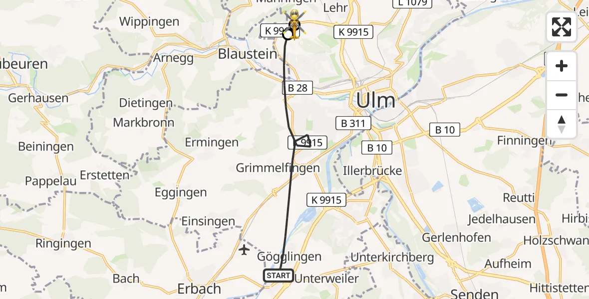 Flugroute Rettungshubschrauber Ulm - ADAC Air Rescue Station Ulm (Christoph 22), 11 August 2026, 09:26