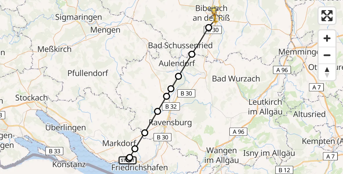 Flugroute Rettungshubschrauber Friedrichshafen Hospital - Biberach an der Riß, 11 August 2026, 09:26