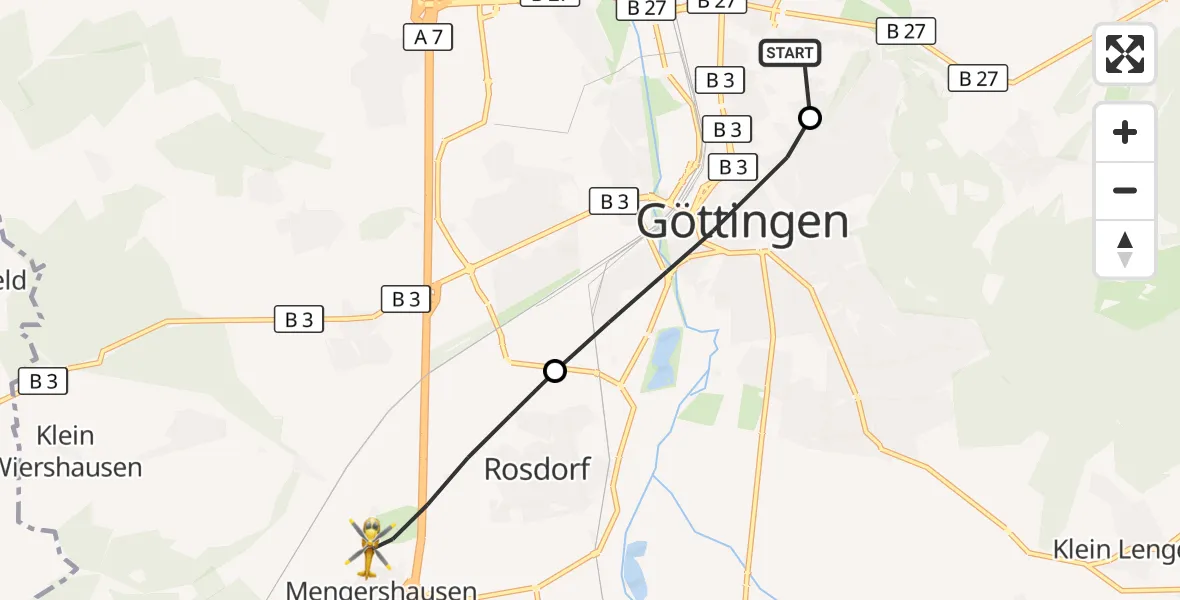 Flugroute Rettungshubschrauber Göttingen University Clinic Hubschrauberlandeplatz - Rosdorf, 11 August 2026, 09:27
