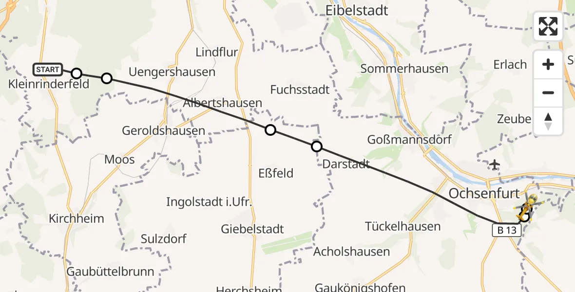 Flugroute Rettungshubschrauber Kleinrinderfeld - Ochsenfurt Hospital, 11 August 2026, 09:29