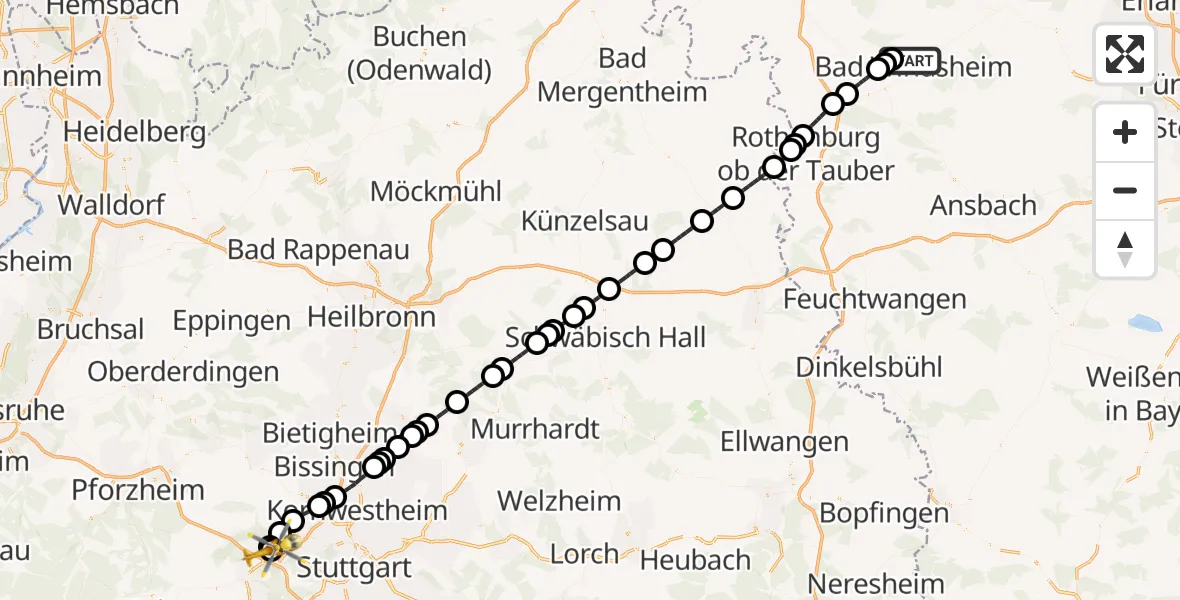 Flugroute Rettungshubschrauber Bad Windsheim - Leonberg Hospital, 11 August 2026, 09:29
